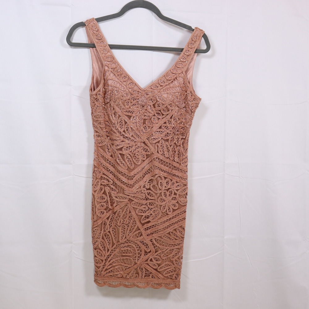 Sue Wong Nocturne Sheath Dress 0 Rose Gold Womens Lace Beaded Cocktail